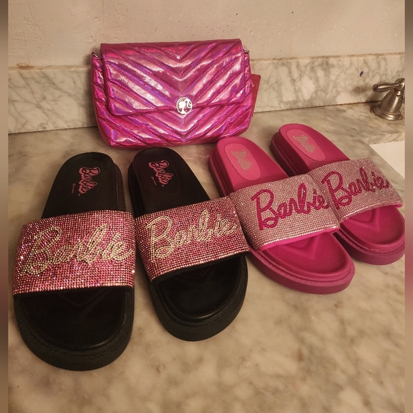 Barbie Accessories - Barbie Pink and Black Slide Sandals with Matching Purse Size 8 And 8.5
